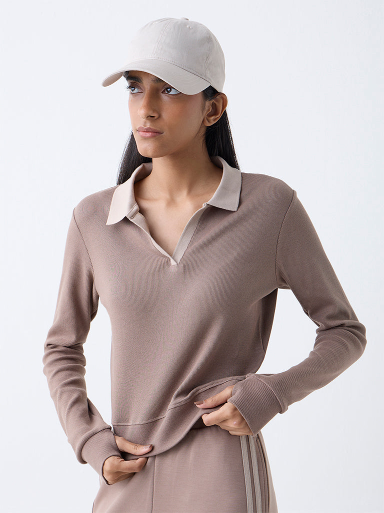 Studiofit Taupe Ribbed Cotton-Blend Top