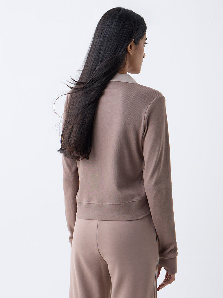 Studiofit Taupe Ribbed Cotton-Blend Top - Image 4