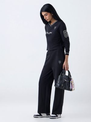 Studiofit Black Text Printed Cotton-Blend T-Shirt