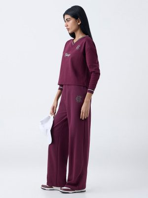 Studiofit Wine Text Pattern Cotton-Blend T-Shirt