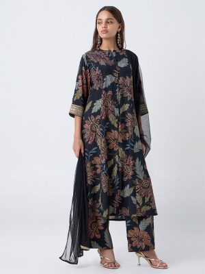 Vark Black Floral Pattern A-Line Ethnic Set