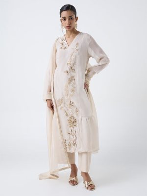 Vark Beige Floral Embroidered A-Line Ethnic Set