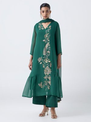 Vark Green Floral Embroidered A-Line Ethnic Set