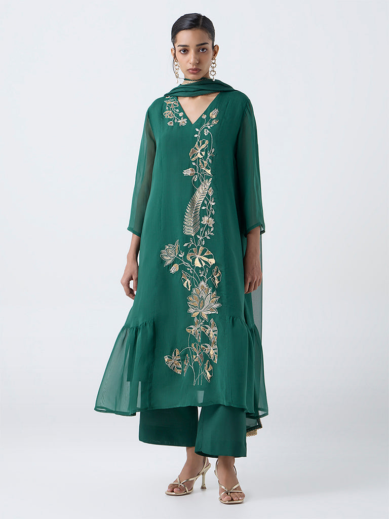 Vark Green Floral Embroidered A-Line Ethnic Set
