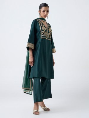Vark Dark Green Garwal Embroidered A-Line Ethnic Set