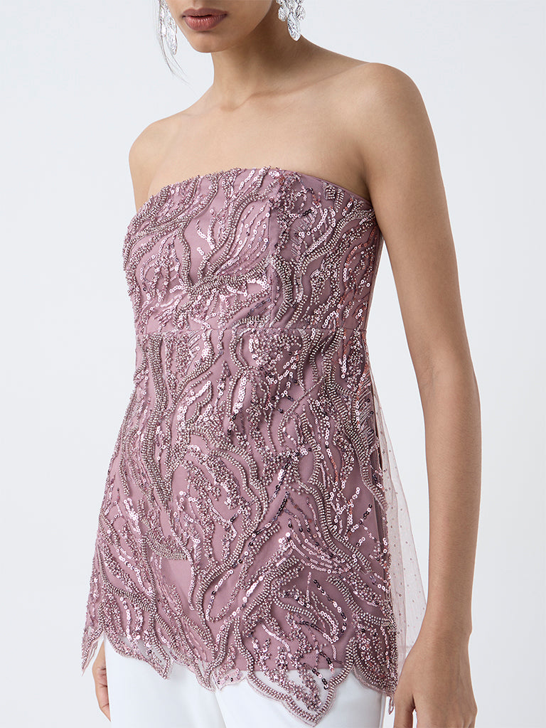 Vark Dusty Pink Embellished Peplum Top - Image 3