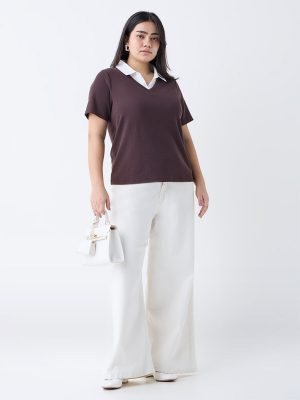 Gia Dark Brown Ribbed-Textured T-Shirt