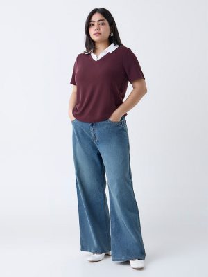 Gia Burgundy Ribbed-Textured T-Shirt