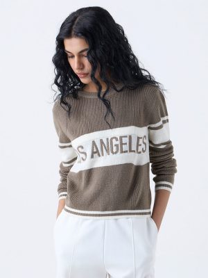 Studiofit Taupe Text Printed Knitted Sweater