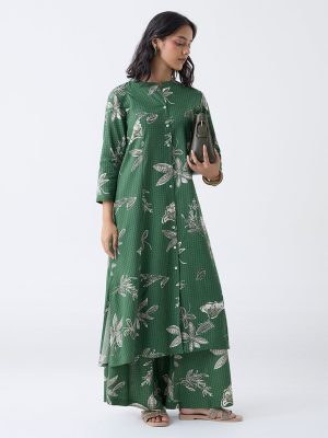 Utsa Green Botanical Printed Cotton-Blend A-Line Kurta