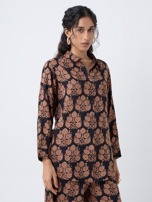 Utsa Black Botanical Printed Tunic