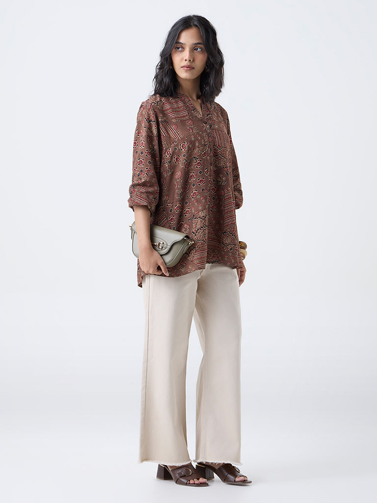 Utsa Brown Floral Design Tunic