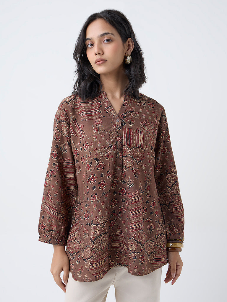 Utsa Brown Floral Design Tunic - Image 2