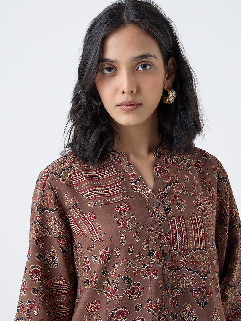 Utsa Brown Floral Design Tunic - Image 3