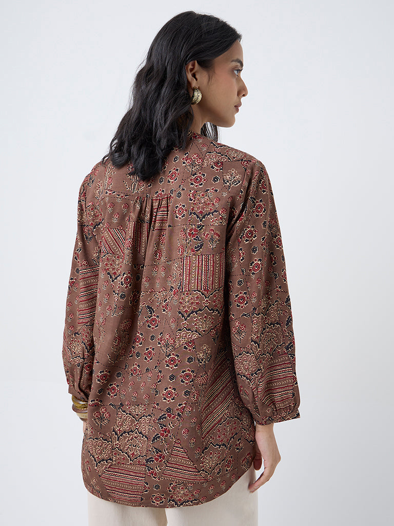 Utsa Brown Floral Design Tunic - Image 4