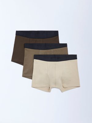 WES Lounge Brown Cotton Trunks - Pack of 3