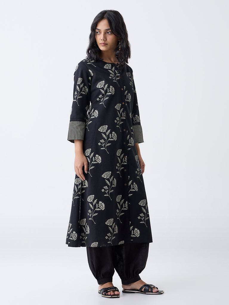 Utsa Black Floral Design Cotton-Blend A-Line Kurta - Image 2