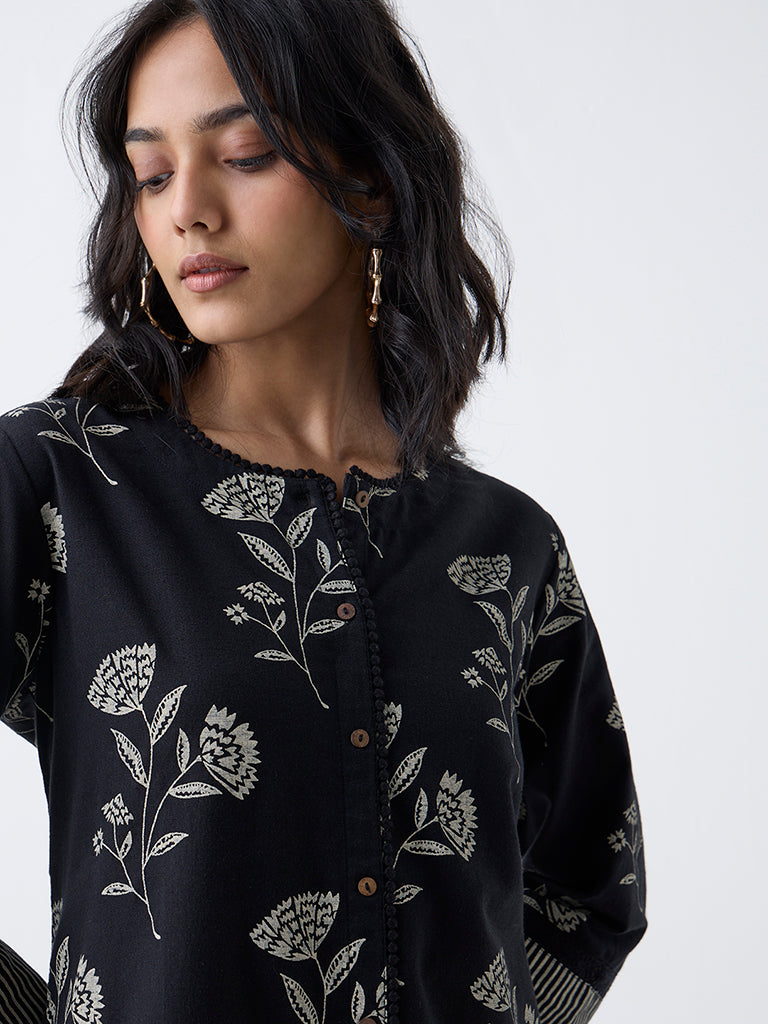Utsa Black Floral Design Cotton-Blend A-Line Kurta - Image 3