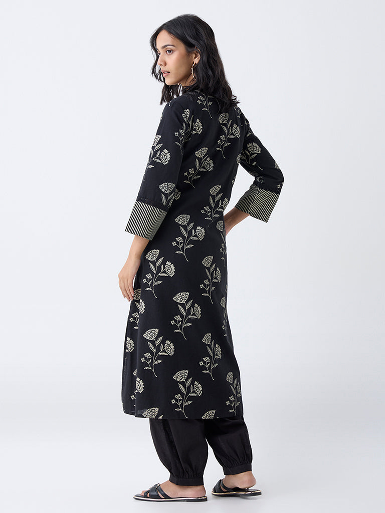 Utsa Black Floral Design Cotton-Blend A-Line Kurta - Image 4