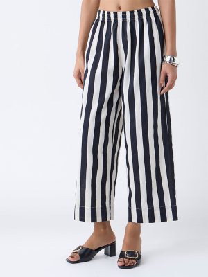 Utsa Black Striped High-Rise Cotton-Blend Ethnic Pants