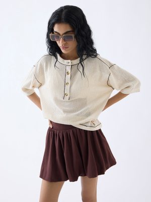 Studiofit Cream Crochet Detailed Cotton T-Shirt