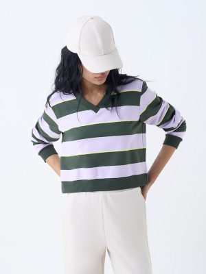 Studiofit Olive Striped Cotton-Blend T-Shirt