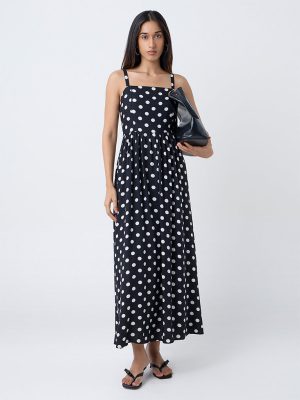 LOV Black Polka Dotted Cotton A-Line Dress