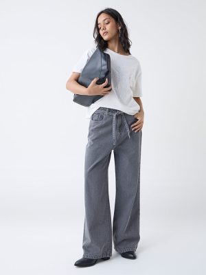 LOV Grey Wide-Leg High-Rise Jeans with Belt