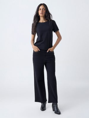 LOV Black Stud-Detailed Cotton-Blend T-Shirt