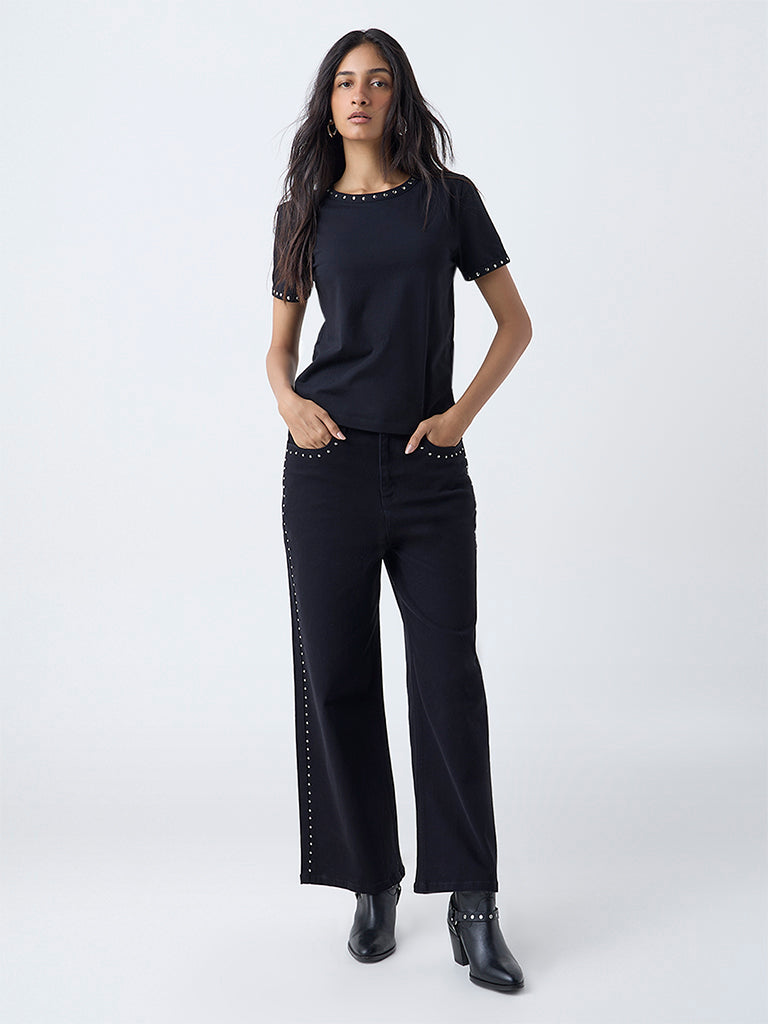 LOV Black Stud-Detailed Cotton-Blend T-Shirt