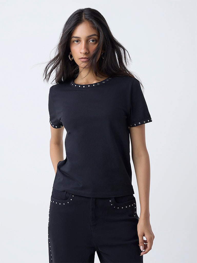 LOV Black Stud-Detailed Cotton-Blend T-Shirt - Image 2