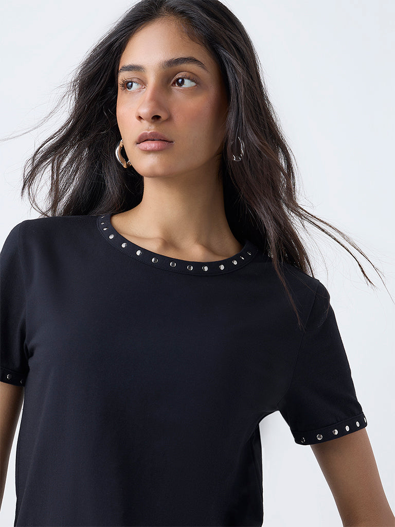 LOV Black Stud-Detailed Cotton-Blend T-Shirt - Image 3