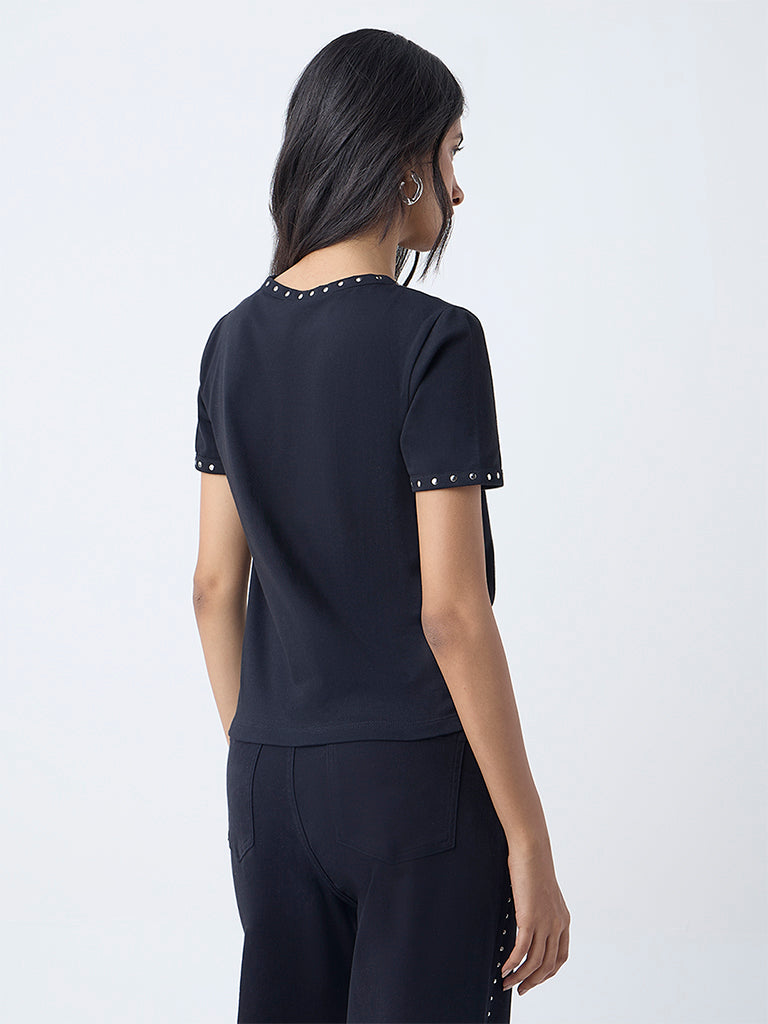LOV Black Stud-Detailed Cotton-Blend T-Shirt - Image 4