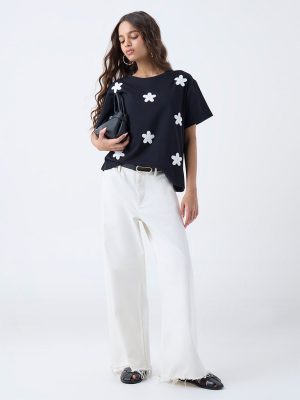 LOV Black Floral Embroidered Cotton T-Shirt