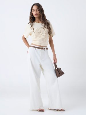 LOV Off-White Crochet-Detailed Cotton T-Shirt