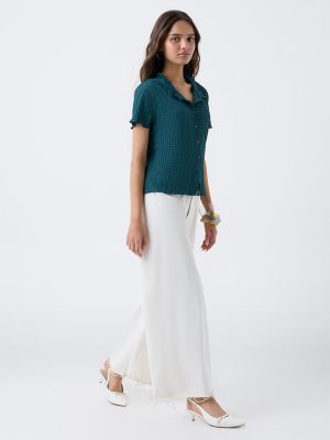 LOV Teal Crinkle-Textured Shirt
