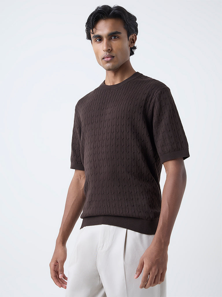 Ascot Dark Brown Cable-Knit Relaxed-Fit Cotton T-Shirt - Image 3