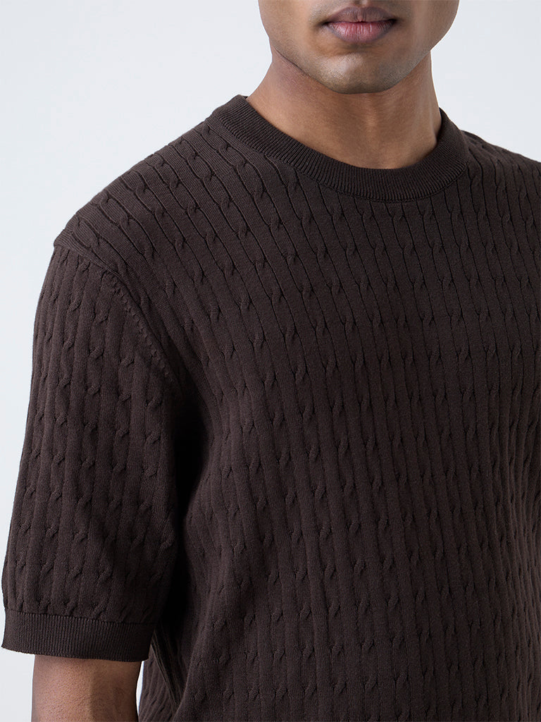 Ascot Dark Brown Cable-Knit Relaxed-Fit Cotton T-Shirt - Image 4