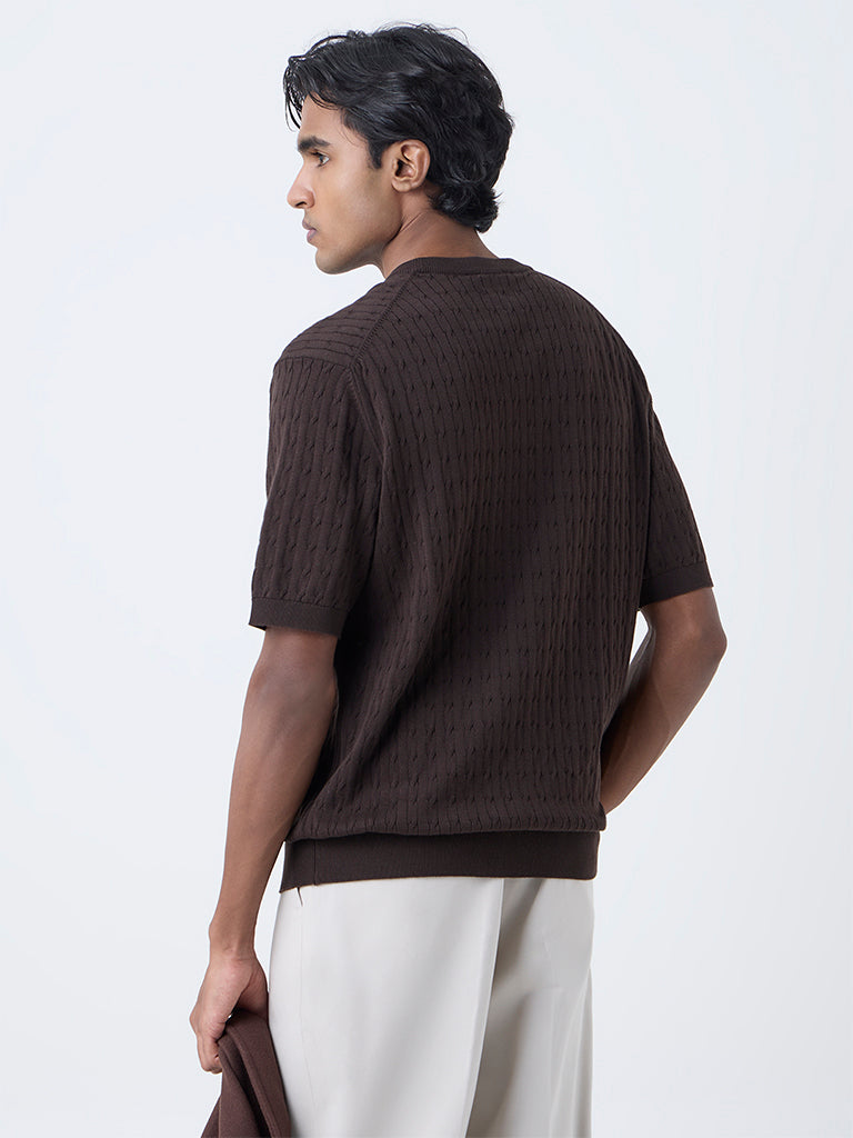 Ascot Dark Brown Cable-Knit Relaxed-Fit Cotton T-Shirt - Image 5