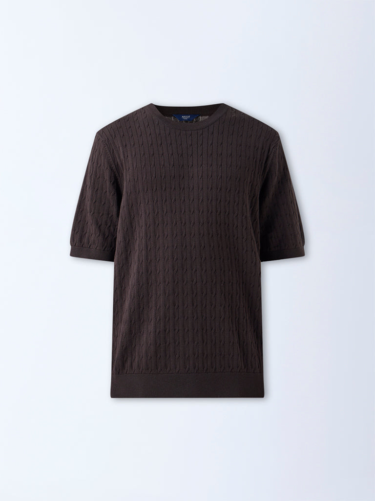 Ascot Dark Brown Cable-Knit Relaxed-Fit Cotton T-Shirt - Image 6
