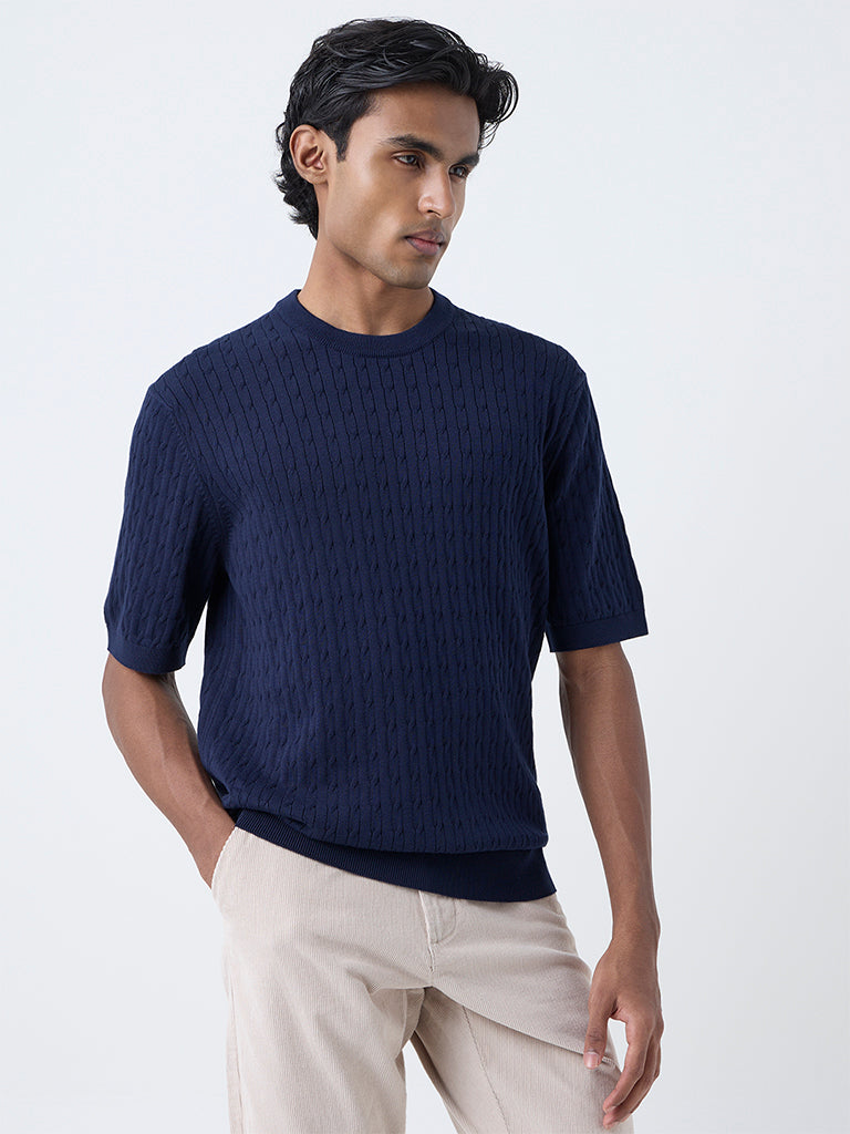 Ascot Navy Cable-Knit Relaxed-Fit Cotton T-Shirt - Image 3