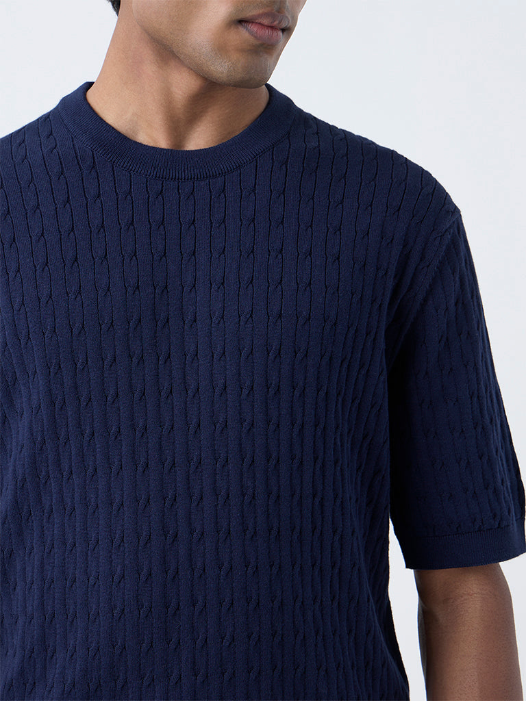Ascot Navy Cable-Knit Relaxed-Fit Cotton T-Shirt - Image 4