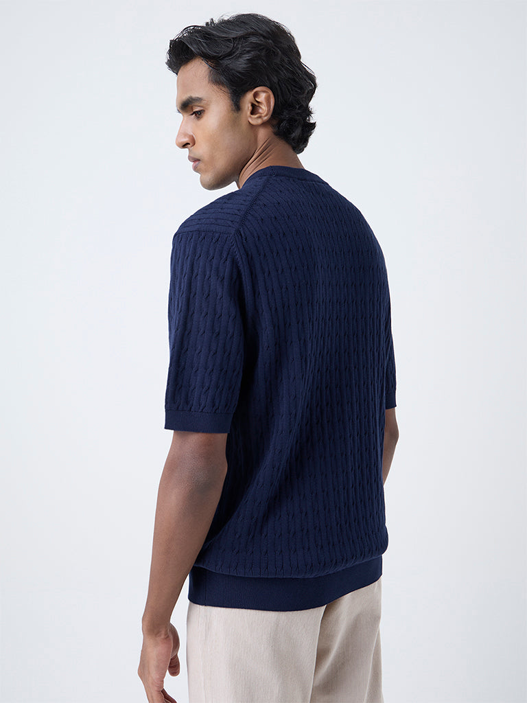 Ascot Navy Cable-Knit Relaxed-Fit Cotton T-Shirt - Image 5