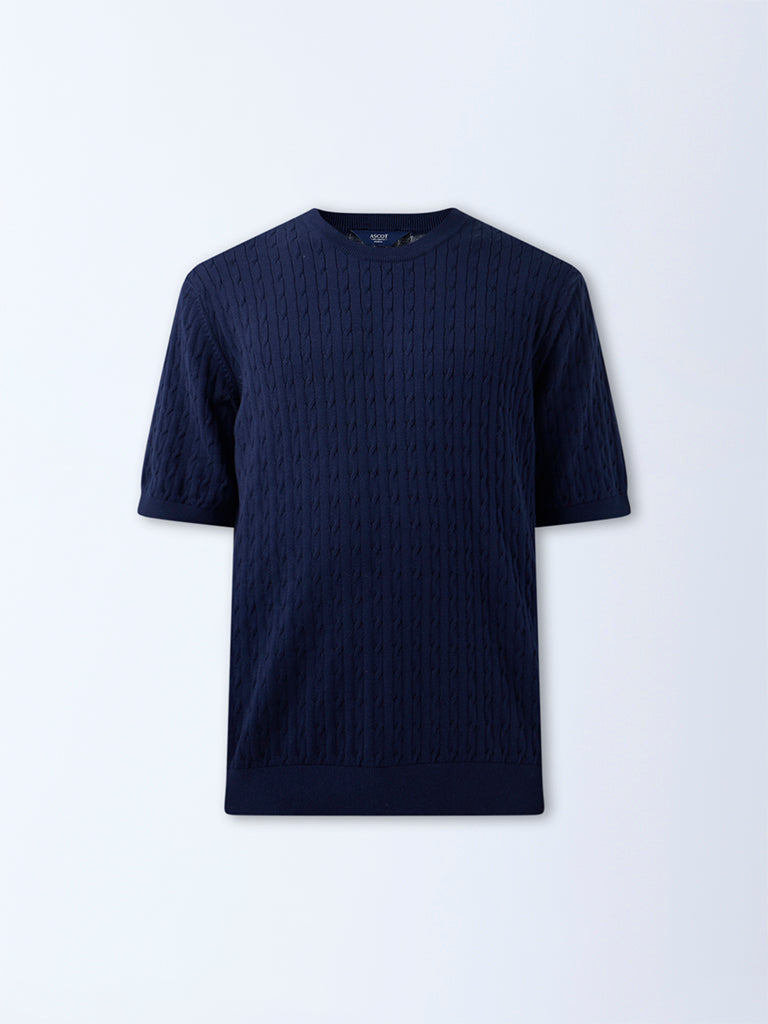 Ascot Navy Cable-Knit Relaxed-Fit Cotton T-Shirt - Image 6