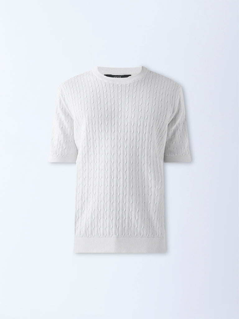 Ascot White Cable Knit Relaxed-Fit Cotton T-Shirt - Image 5
