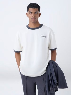 Studiofit Off-White Text Printed Relaxed-Fit Cotton-Blend T-Shirt
