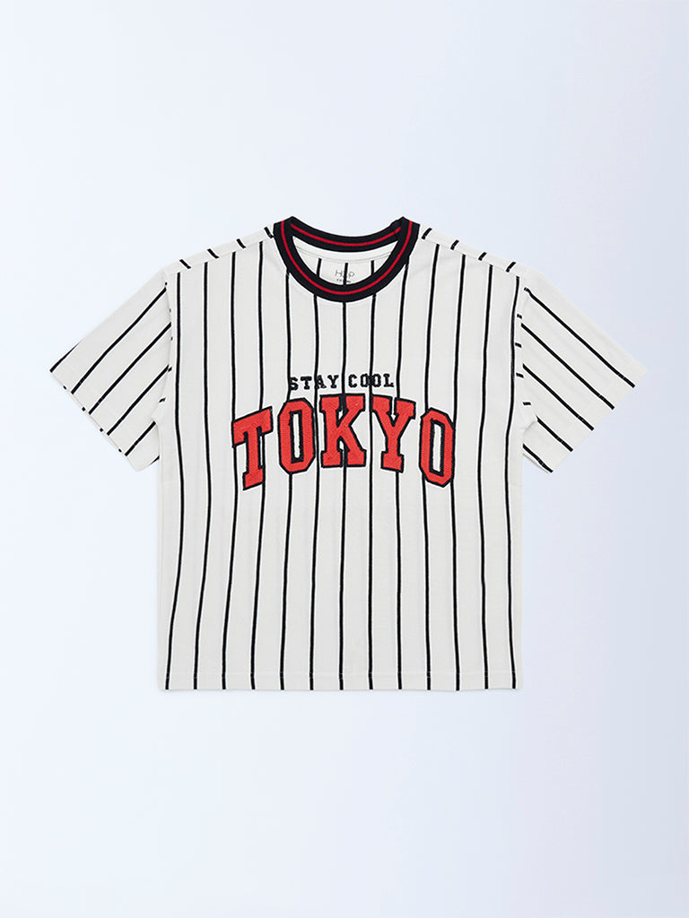 HOP Kids White Striped Cotton T-Shirt - Image 3