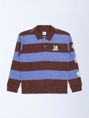 HOP Kids Brown Striped Cotton Polo T-Shirt
