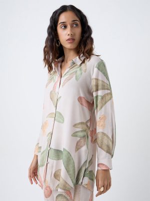 Utsa Beige Botanical Printed Tunic