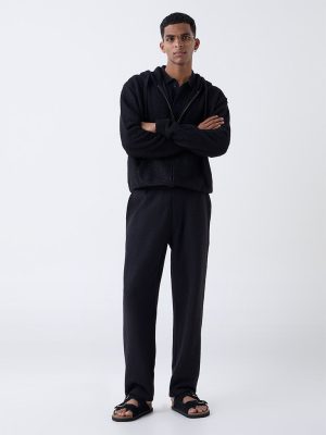 ETA Black Textured Relaxed-Fit Mid-Rise Cotton-Blend Pants